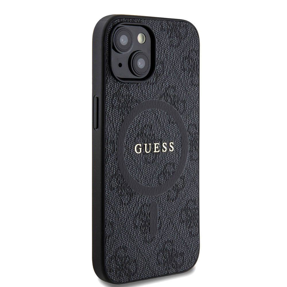 Apple iPhone 15 Case Guess Original Licensed M-safe Charging Feature PU Ring 4G Patterned Text Logo Cover Brown
