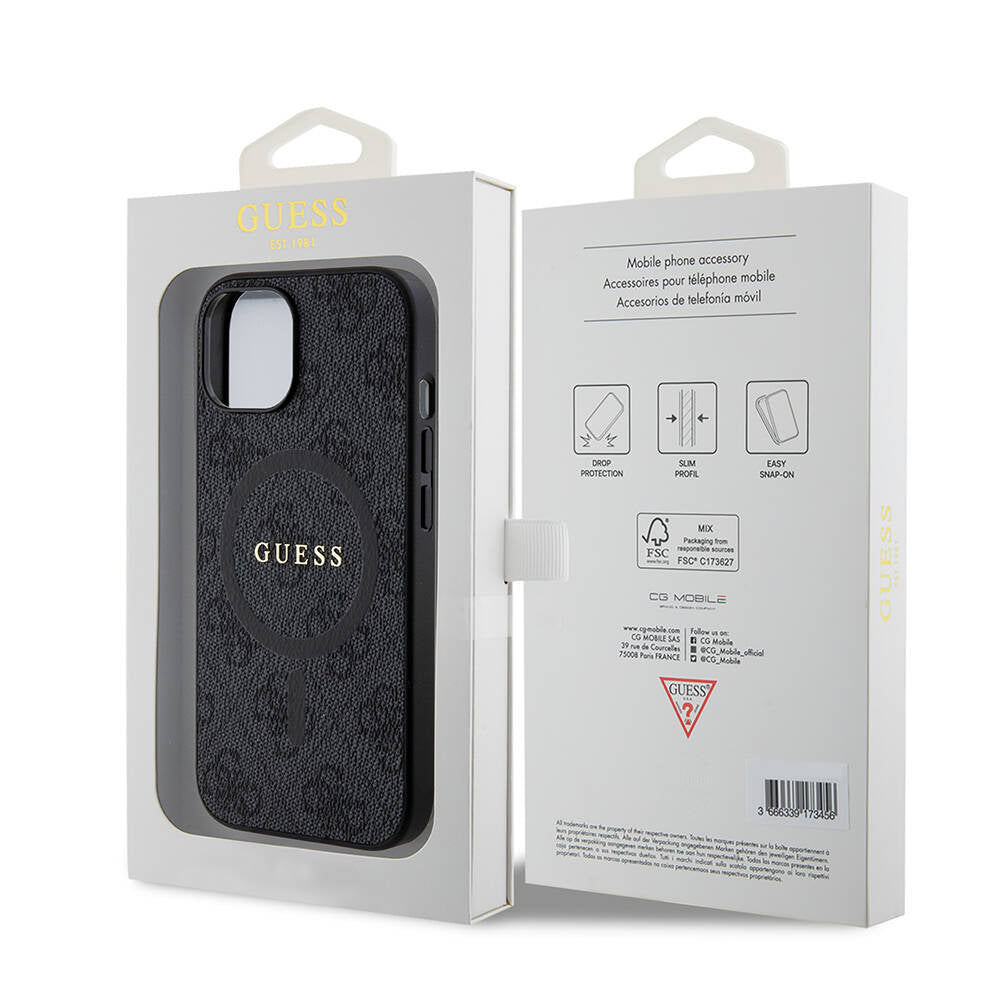 Apple iPhone 15 Case Guess Original Licensed M-safe Charging Feature PU Ring 4G Patterned Text Logo Cover Brown