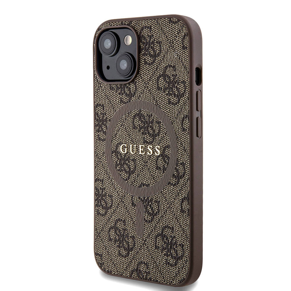 Apple iPhone 15 Case Guess Original Licensed M-safe Charging Feature PU Ring 4G Patterned Text Logo Cover Brown