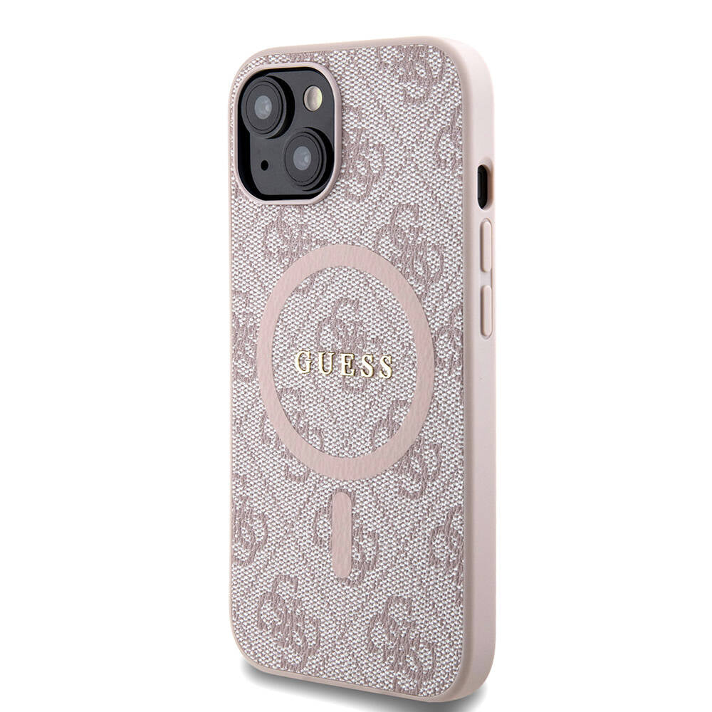 Apple iPhone 15 Case Guess Original Licensed M-safe Charging Feature PU Ring 4G Patterned Text Logo Cover Brown