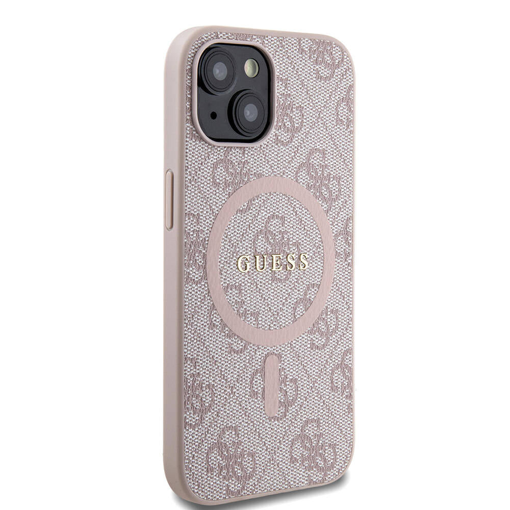 Apple iPhone 15 Case Guess Original Licensed M-safe Charging Feature PU Ring 4G Patterned Text Logo Cover Pink
