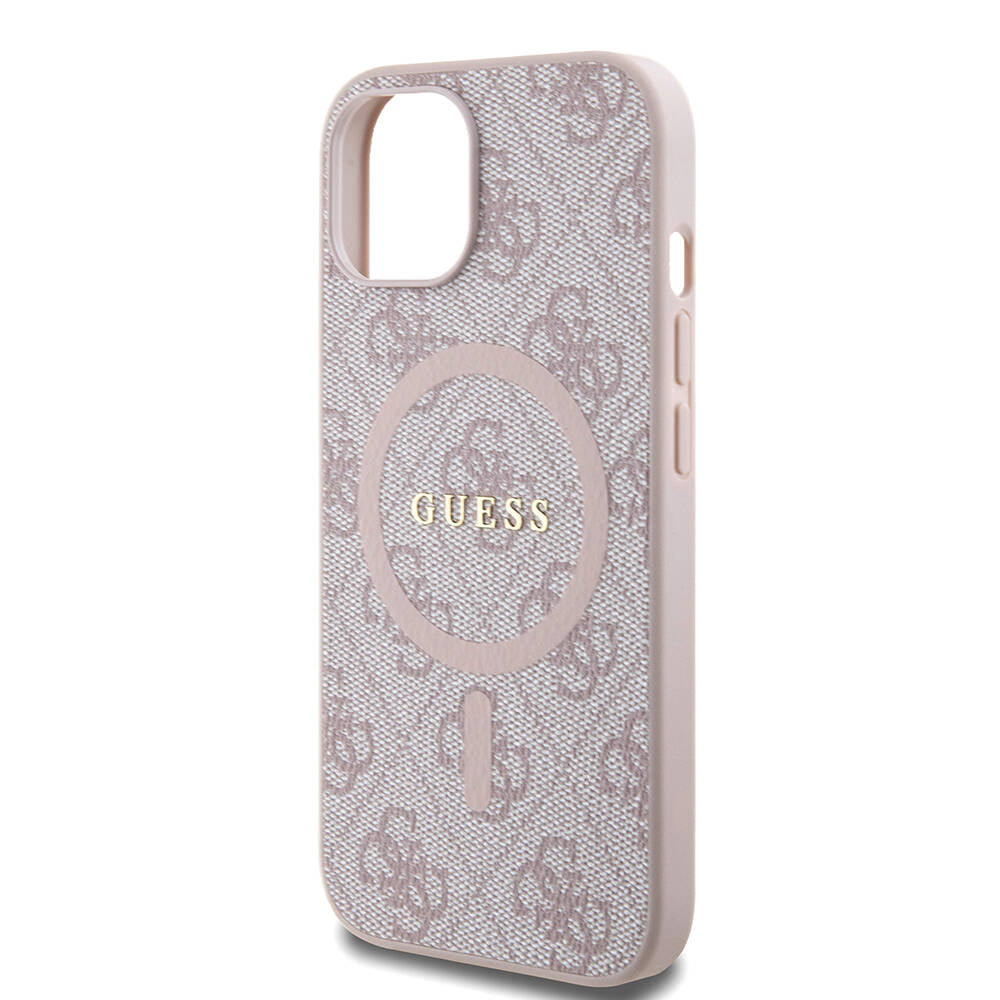 Apple iPhone 15 Case Guess Original Licensed M-safe Charging Feature PU Ring 4G Patterned Text Logo Cover Pink