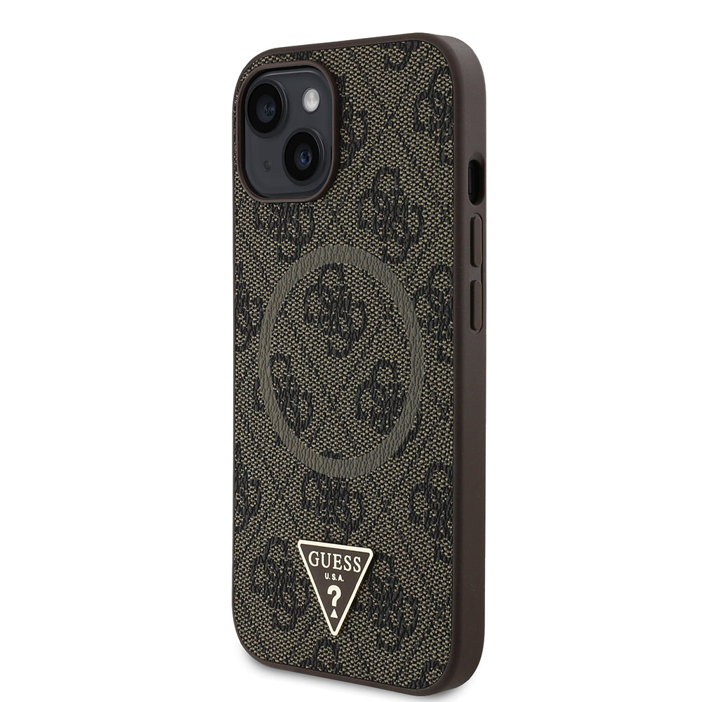 Apple iPhone 15 Case Guess Original Licensed M-safe Charging Feature PU Triangle Logo 4G Patterned Cover Pink