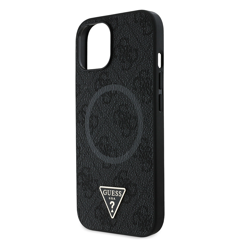 Apple iPhone 15 Case Guess Original Licensed M-safe Charging Feature PU Triangle Logo 4G Patterned Cover Black