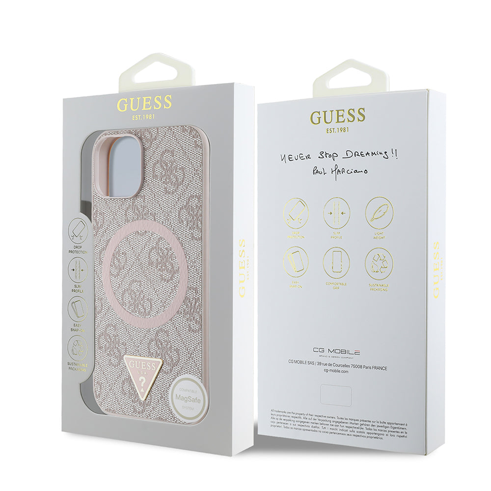 Apple iPhone 15 Case Guess Original Licensed M-safe Charging Feature PU Triangle Logo 4G Patterned Cover Pink