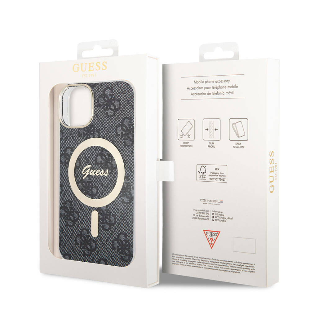 Apple iPhone 15 Case Guess Original Licensed M-safe Charging Feature Text Logo 4G Patterned Cover Brown