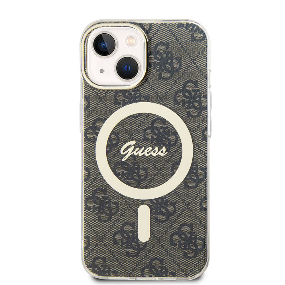 Apple iPhone 15 Case Guess Original Licensed M-safe Charging Feature Text Logo 4G Patterned Cover Brown