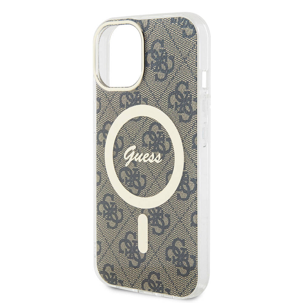 Apple iPhone 15 Case Guess Original Licensed M-safe Charging Feature Text Logo 4G Patterned Cover Brown