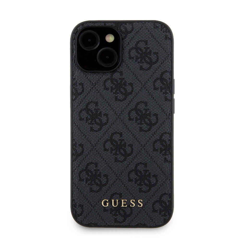 Apple iPhone 15 Case Guess Original Licensed M-safe Charging Feature Text Logo 4G Patterned Cover + Powerbank 5000mAh 2in1 Set Black