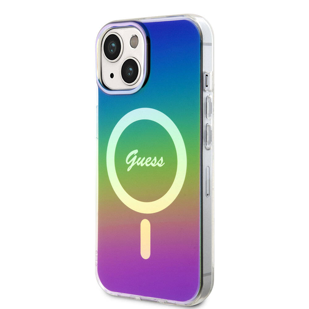 Apple iPhone 15 Case Guess Original Licensed M-safe Charging Feature Iridescent Cover Pink with Text Logo