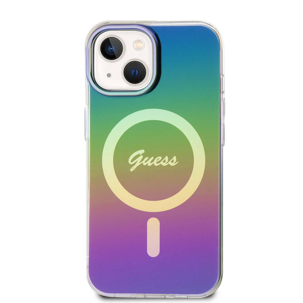 Apple iPhone 15 Case Guess Original Licensed M-safe Charging Feature Iridescent Cover Pink with Text Logo