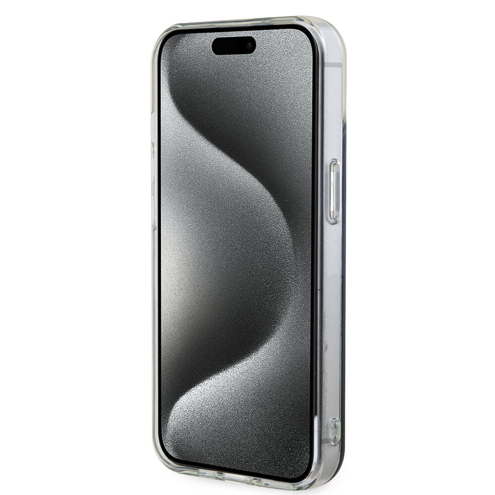 Apple iPhone 15 Case Guess Original Licensed M-safe Charging Feature Iridescent Cover Pink with Text Logo