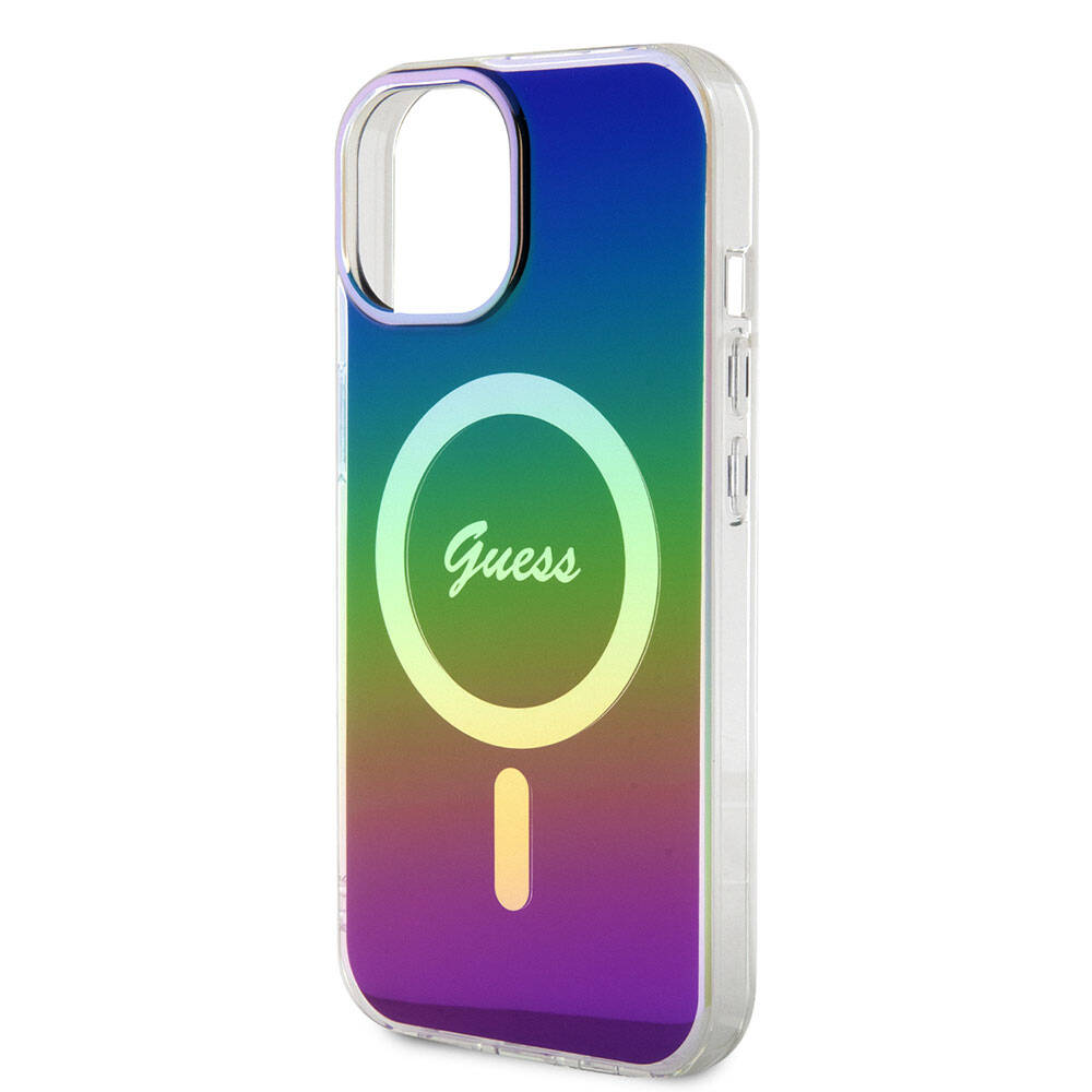 Apple iPhone 15 Case Guess Original Licensed M-safe Charging Feature Iridescent Cover Pink with Text Logo