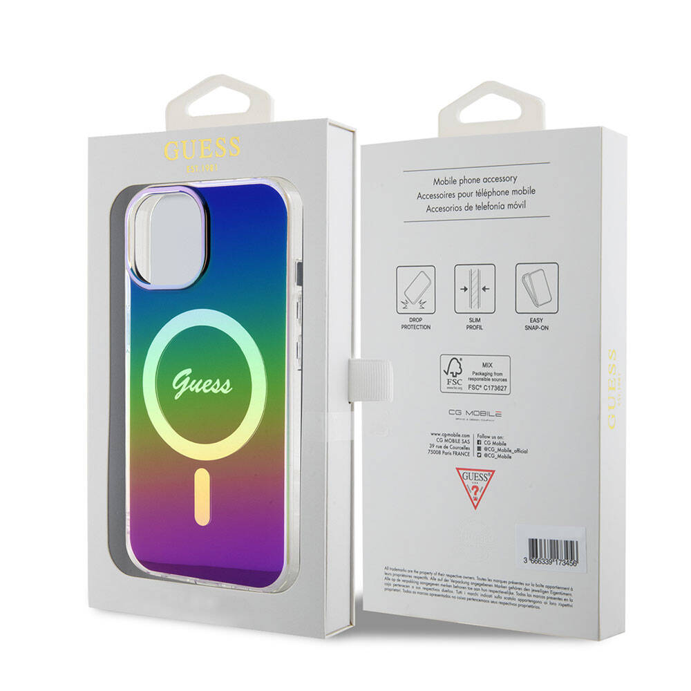 Apple iPhone 15 Case Guess Original Licensed M-safe Charging Feature Iridescent Cover Pink with Text Logo