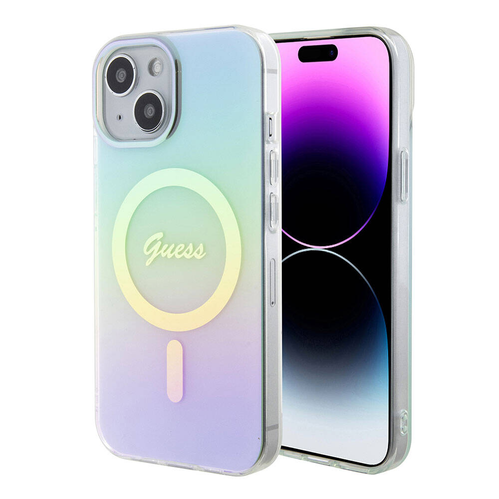 Apple iPhone 15 Case Guess Original Licensed M-safe Charging Feature Iridescent Cover Pink with Text Logo