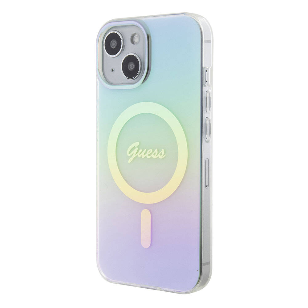 Apple iPhone 15 Case Guess Original Licensed M-safe Charging Feature Iridescent Cover Pink with Text Logo