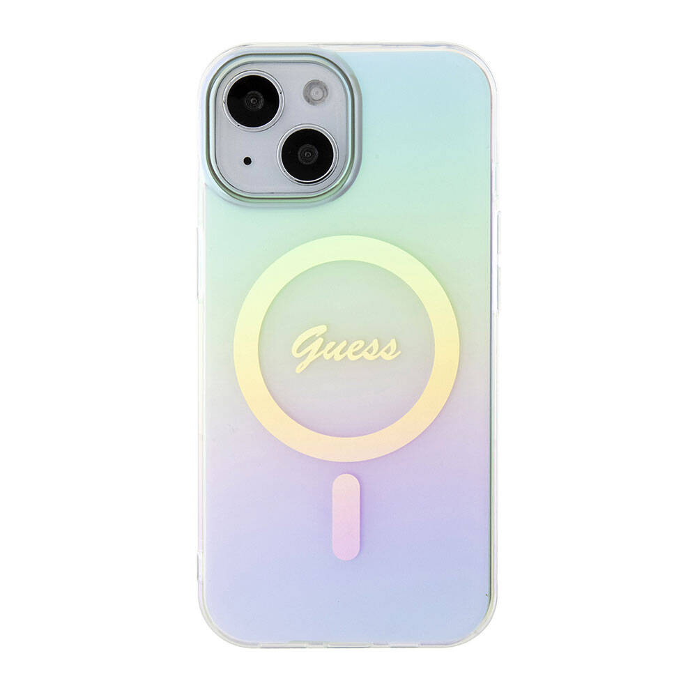 Apple iPhone 15 Case Guess Original Licensed M-safe Charging Feature Iridescent Cover Pink with Text Logo