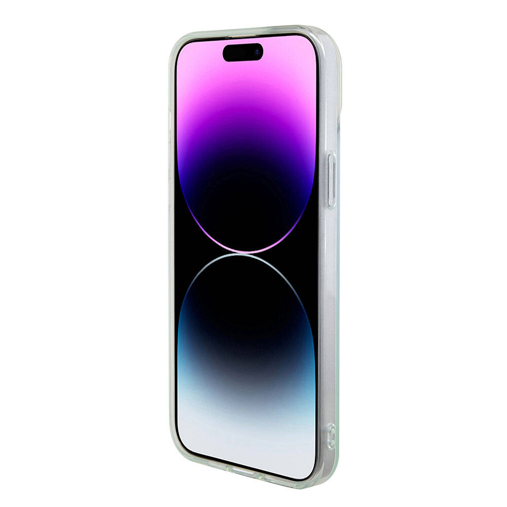 Apple iPhone 15 Case Guess Original Licensed M-safe Charging Feature Iridescent Cover Pink with Text Logo