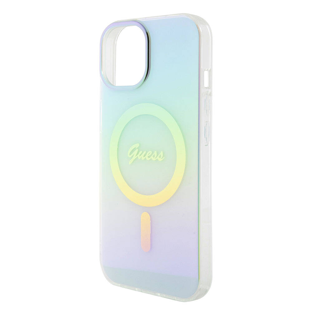 Apple iPhone 15 Case Guess Original Licensed M-safe Charging Feature Iridescent Cover Pink with Text Logo