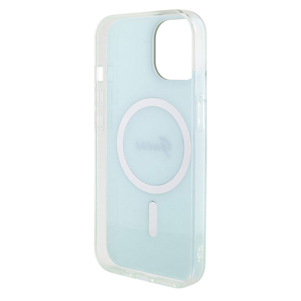 Apple iPhone 15 Case Guess Original Licensed M-safe Charging Feature Iridescent Cover Pink with Text Logo