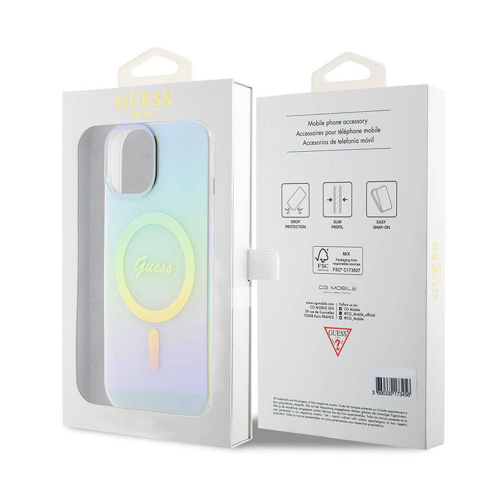 Apple iPhone 15 Case Guess Original Licensed M-safe Charging Feature Iridescent Cover Pink with Text Logo