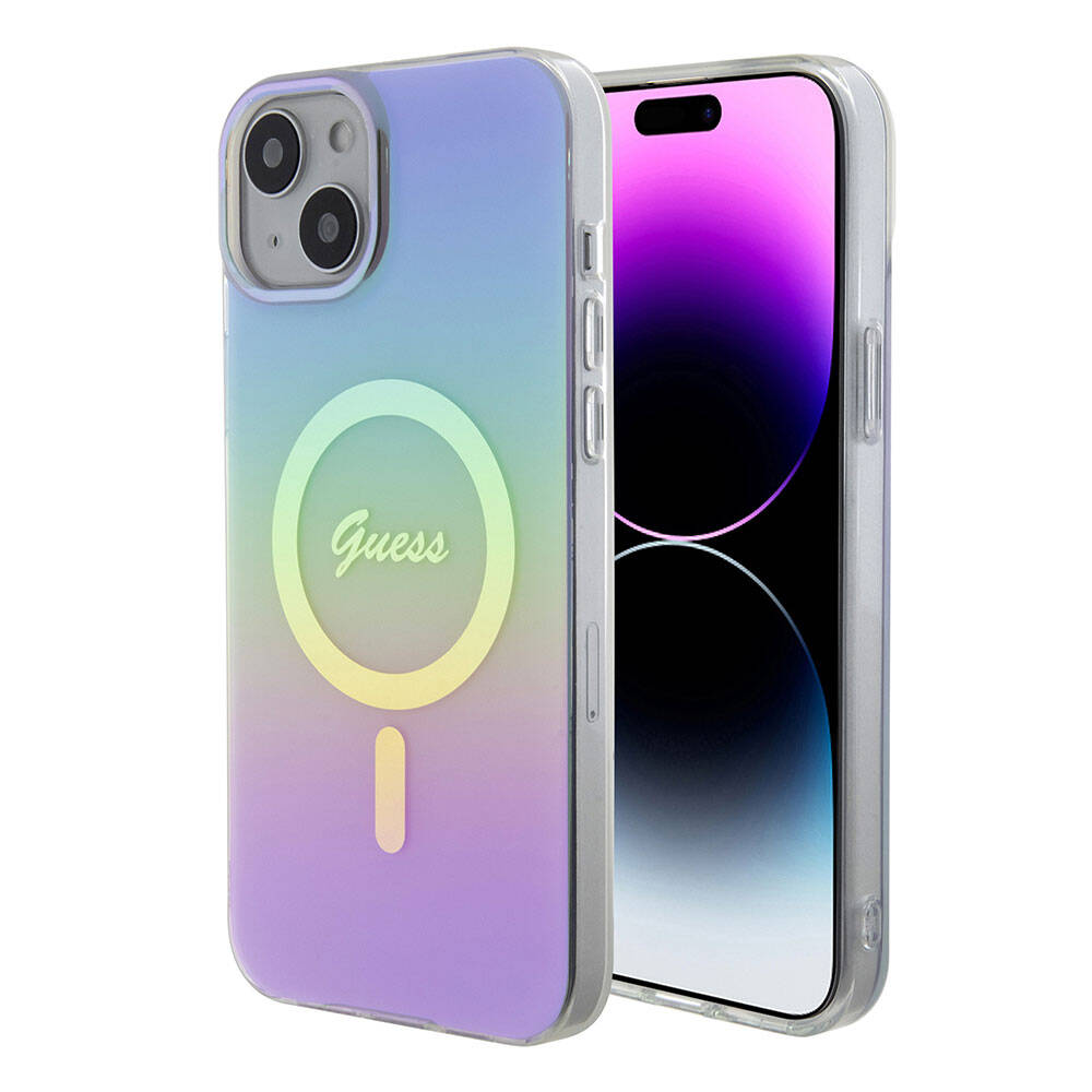 Apple iPhone 15 Case Guess Original Licensed M-safe Charging Feature Iridescent Cover Pink with Text Logo