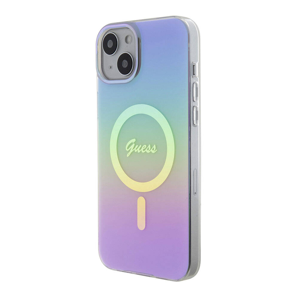 Apple iPhone 15 Case Guess Original Licensed M-safe Charging Feature Iridescent Cover Pink with Text Logo