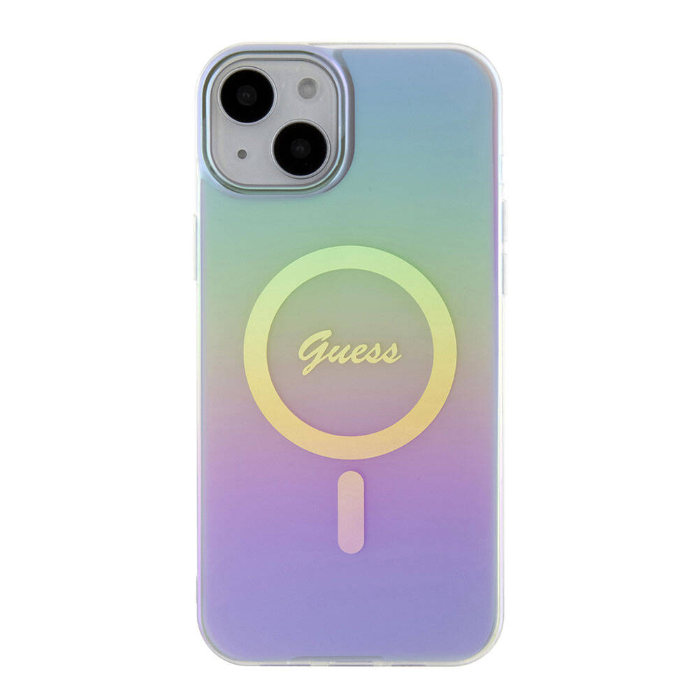 Apple iPhone 15 Case Guess Original Licensed M-safe Charging Feature Iridescent Cover Pink with Text Logo