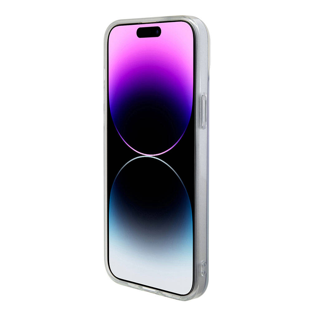 Apple iPhone 15 Case Guess Original Licensed M-safe Charging Feature Iridescent Cover Pink with Text Logo