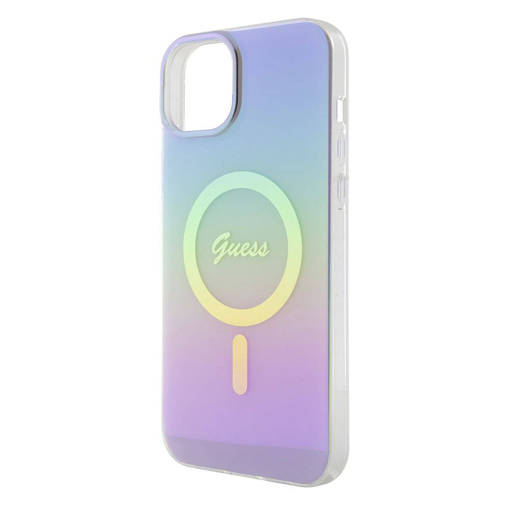 Apple iPhone 15 Case Guess Original Licensed M-safe Charging Feature Iridescent Cover Pink with Text Logo