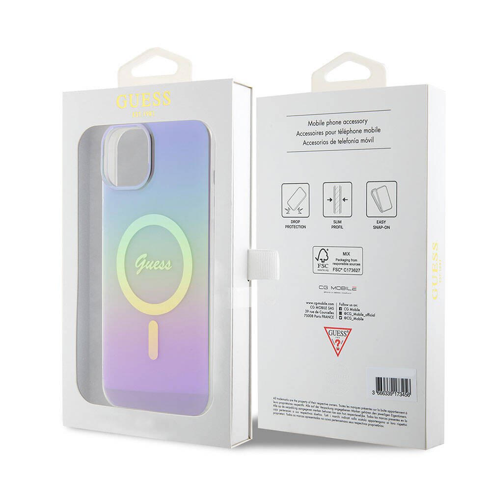 Apple iPhone 15 Case Guess Original Licensed M-safe Charging Feature Iridescent Cover Pink with Text Logo