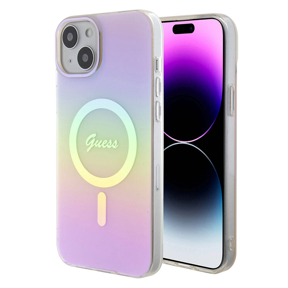 Apple iPhone 15 Case Guess Original Licensed M-safe Charging Feature Iridescent Cover Pink with Text Logo