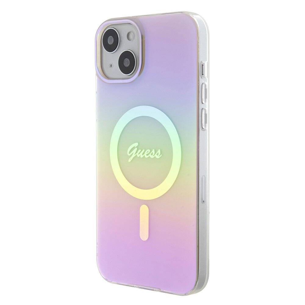 Apple iPhone 15 Case Guess Original Licensed M-safe Charging Feature Iridescent Cover Pink with Text Logo