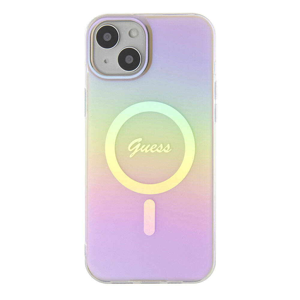 Apple iPhone 15 Case Guess Original Licensed M-safe Charging Feature Iridescent Cover Pink with Text Logo
