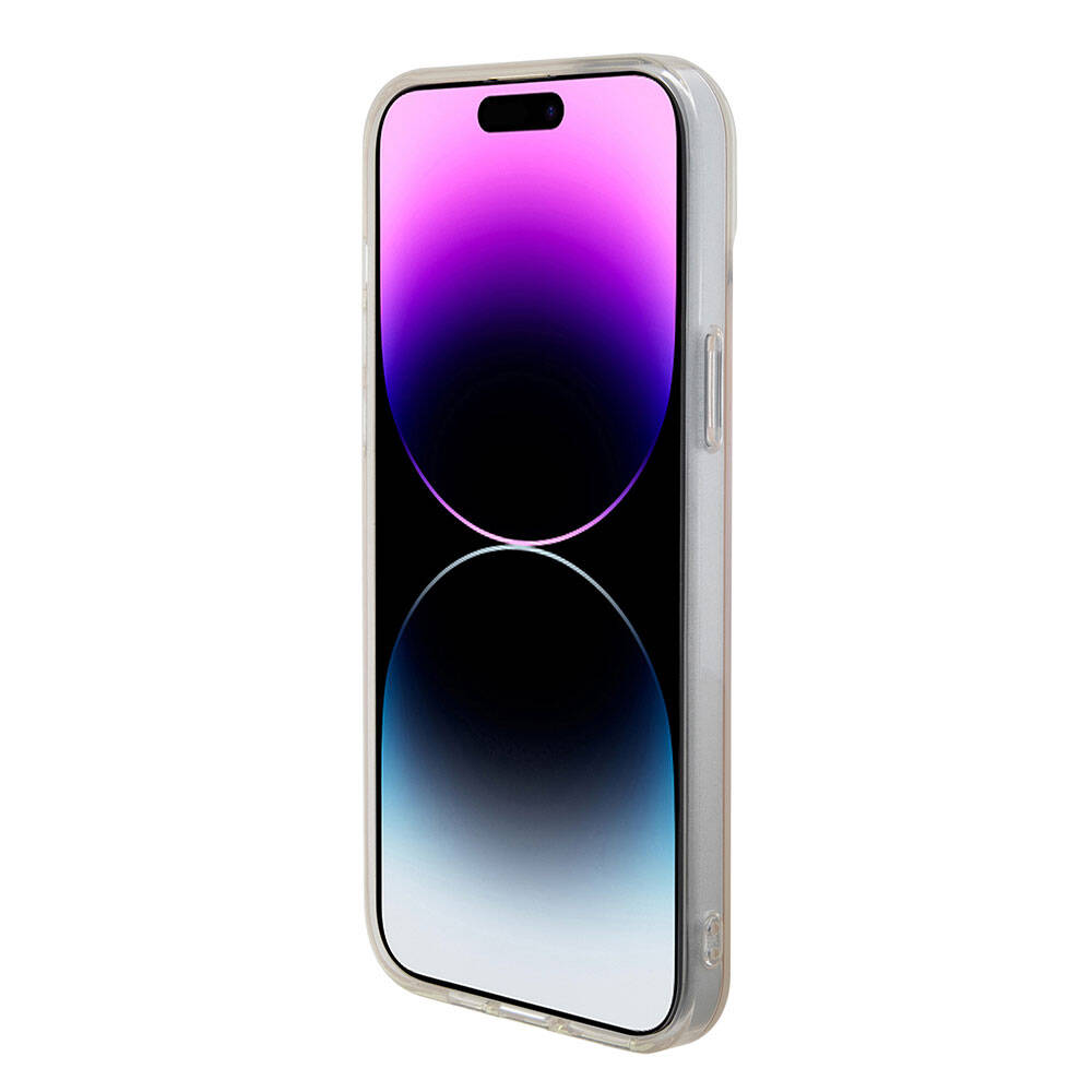 Apple iPhone 15 Case Guess Original Licensed M-safe Charging Feature Iridescent Cover Pink with Text Logo