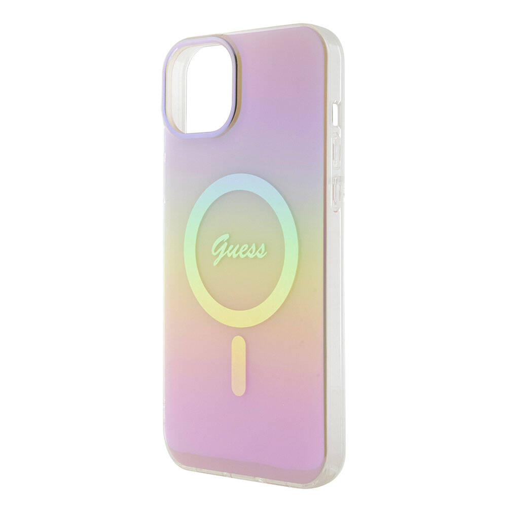 Apple iPhone 15 Case Guess Original Licensed M-safe Charging Feature Iridescent Cover Pink with Text Logo