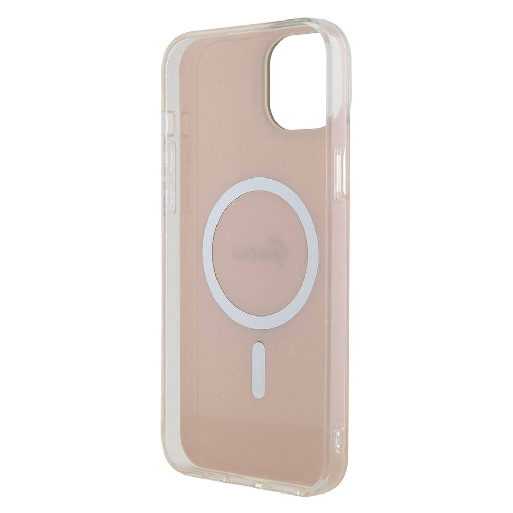 Apple iPhone 15 Case Guess Original Licensed M-safe Charging Feature Iridescent Cover Pink with Text Logo