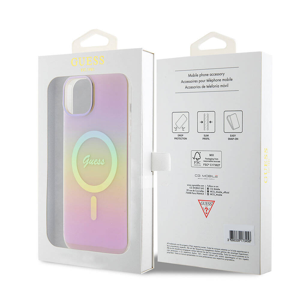 Apple iPhone 15 Case Guess Original Licensed M-safe Charging Feature Iridescent Cover Pink with Text Logo