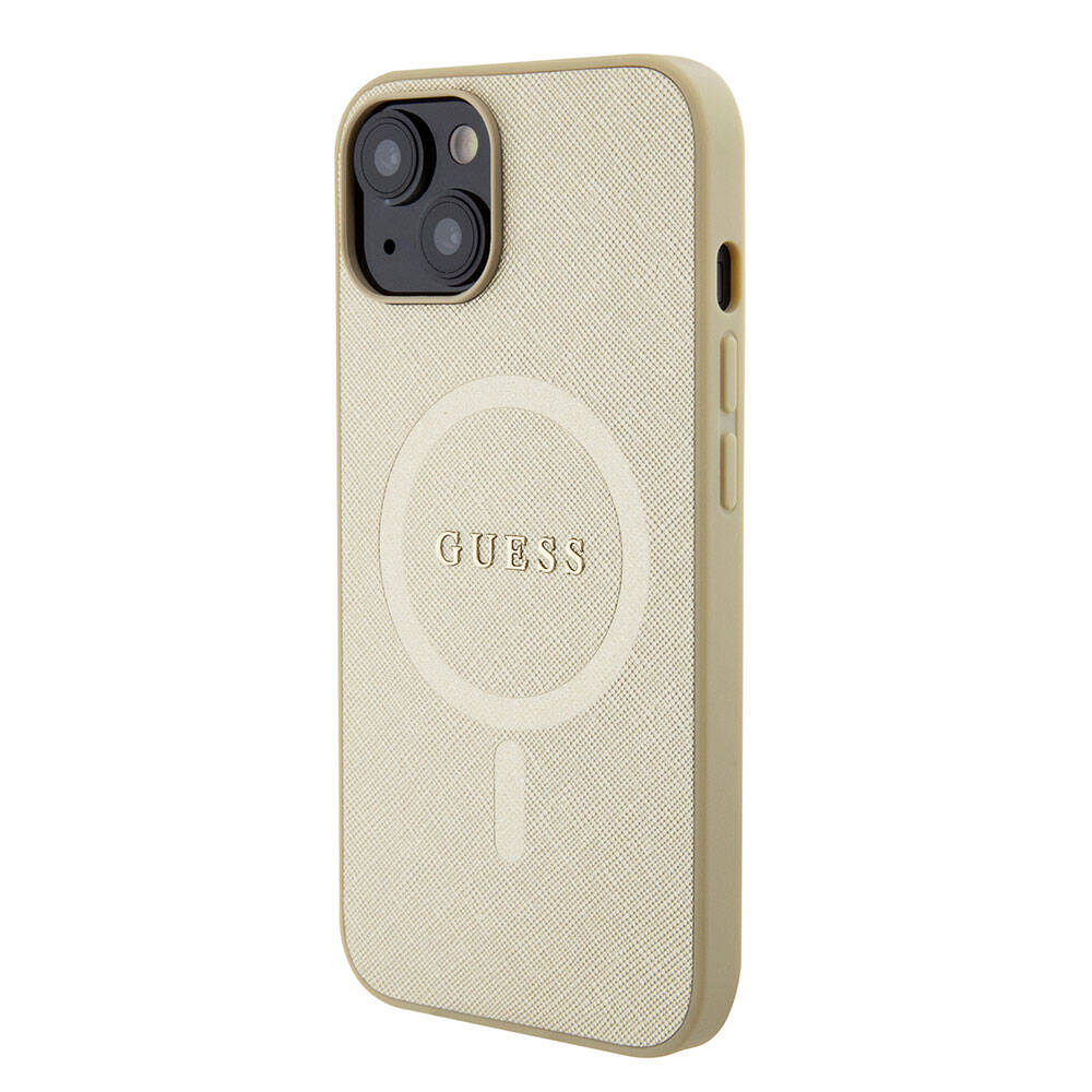 Apple iPhone 15 Case Guess Original Licensed M-safe Charging Feature Saffiano Cover Cream with Text Logo