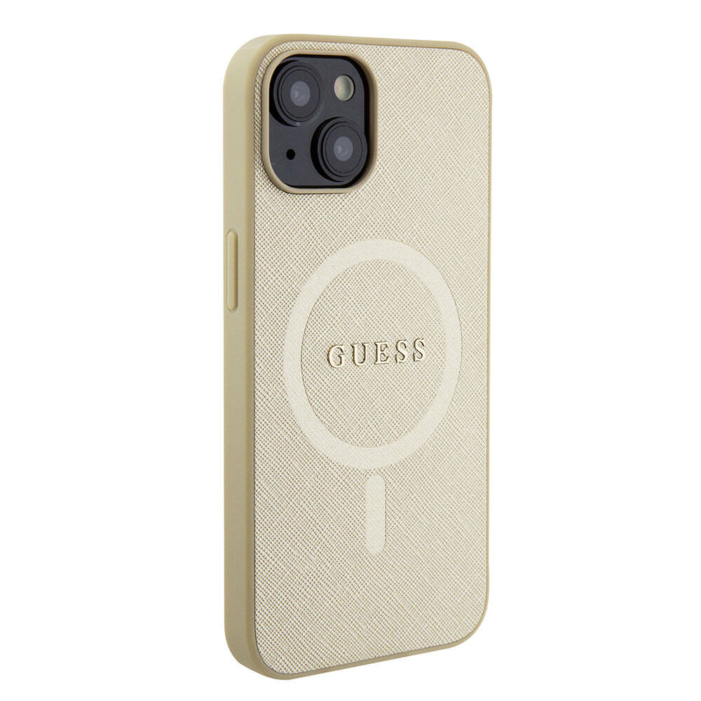 Apple iPhone 15 Case Guess Original Licensed M-safe Charging Feature Saffiano Cover Cream with Text Logo