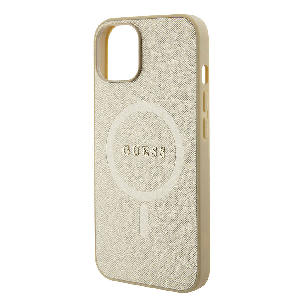 Apple iPhone 15 Case Guess Original Licensed M-safe Charging Feature Saffiano Cover Cream with Text Logo