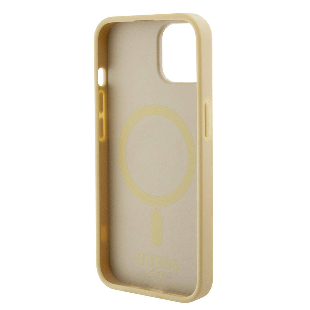 Apple iPhone 15 Case Guess Original Licensed M-safe Charging Feature Saffiano Cover Cream with Text Logo