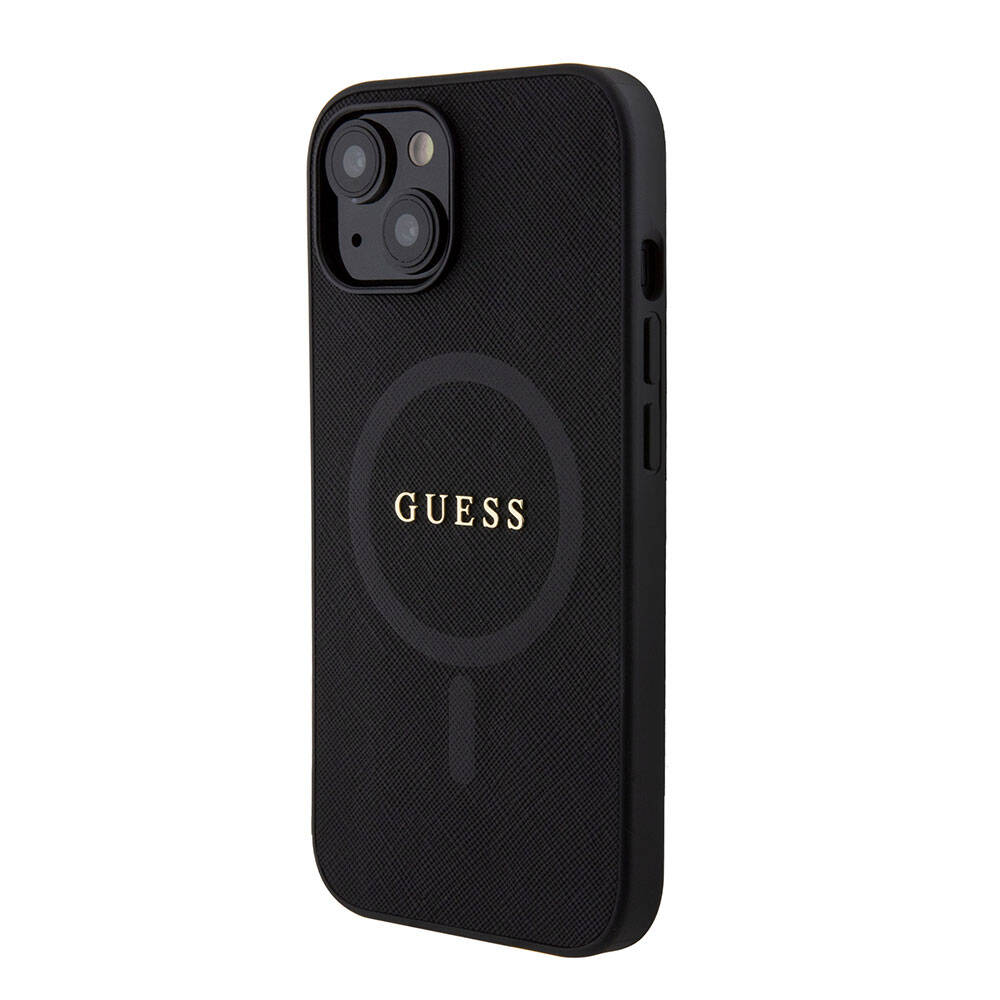 Apple iPhone 15 Case Guess Original Licensed M-safe Charging Feature Saffiano Cover Pink with Text Logo