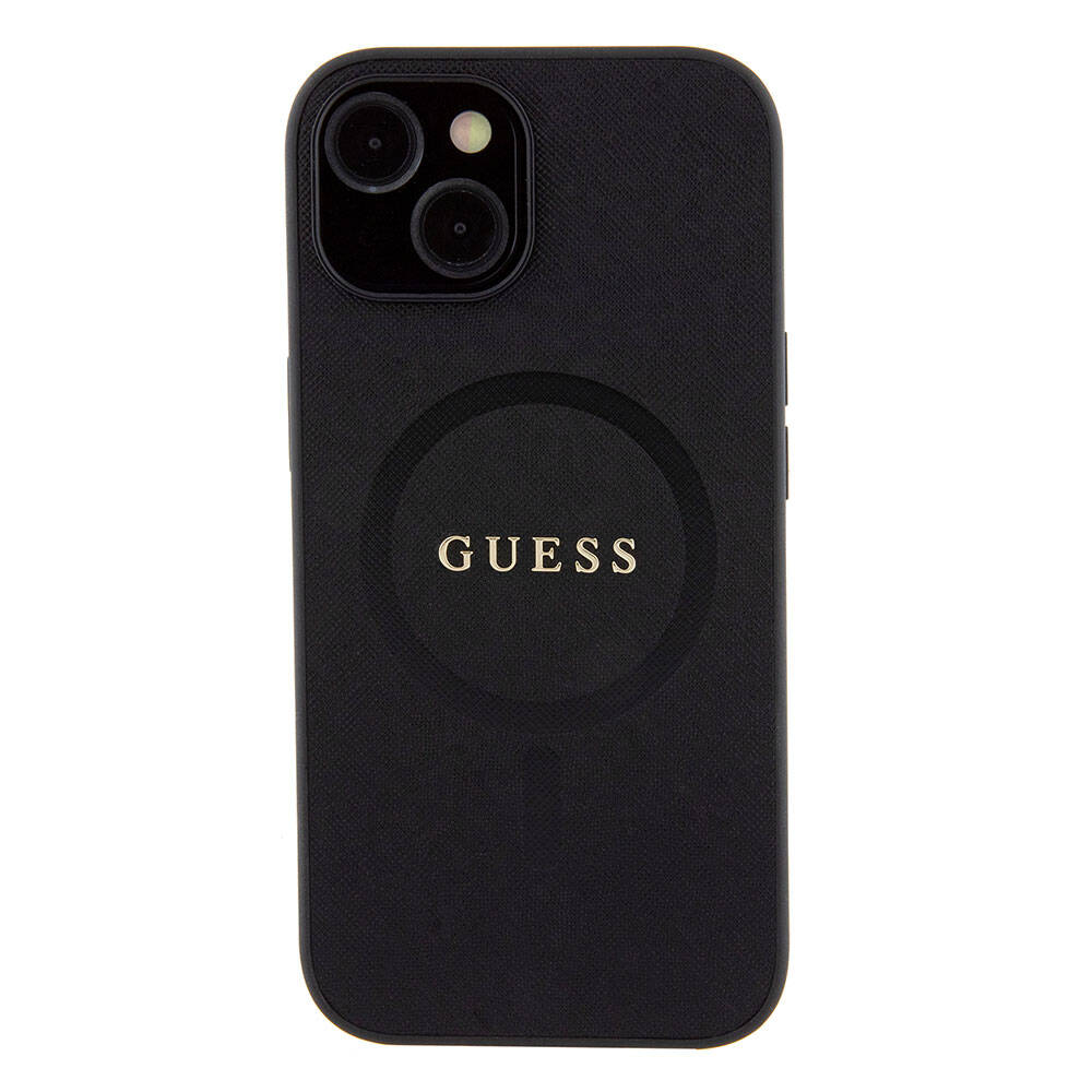 Apple iPhone 15 Case Guess Original Licensed M-safe Charging Feature Saffiano Cover Pink with Text Logo