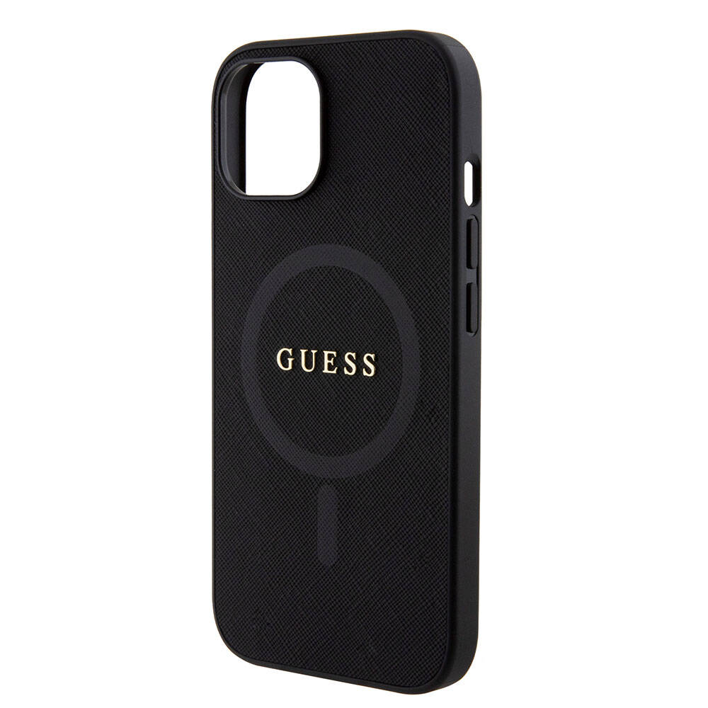 Apple iPhone 15 Case Guess Original Licensed M-safe Charging Feature Saffiano Cover Pink with Text Logo