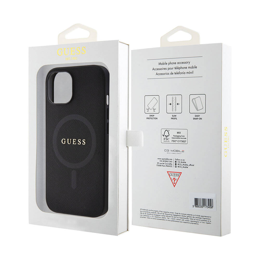 Apple iPhone 15 Case Guess Original Licensed M-safe Charging Feature Saffiano Cover Pink with Text Logo