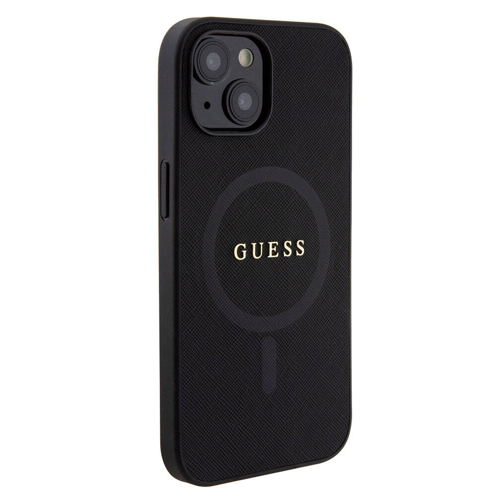 Apple iPhone 15 Case Guess Original Licensed M-safe Charging Feature Text Logo Saffiano Cover Black