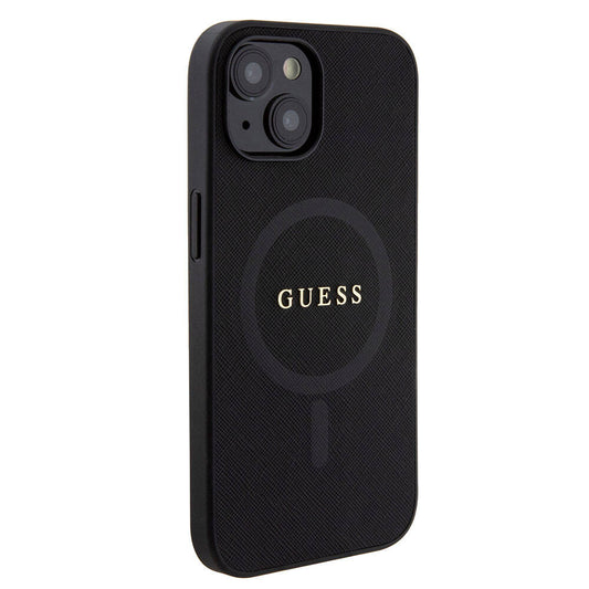 Apple iPhone 15 Kılıf Guess Orjinal Lisanslı M-safe Şarj Özellikli Yazı Logolu Saffiano Kapak Siyah