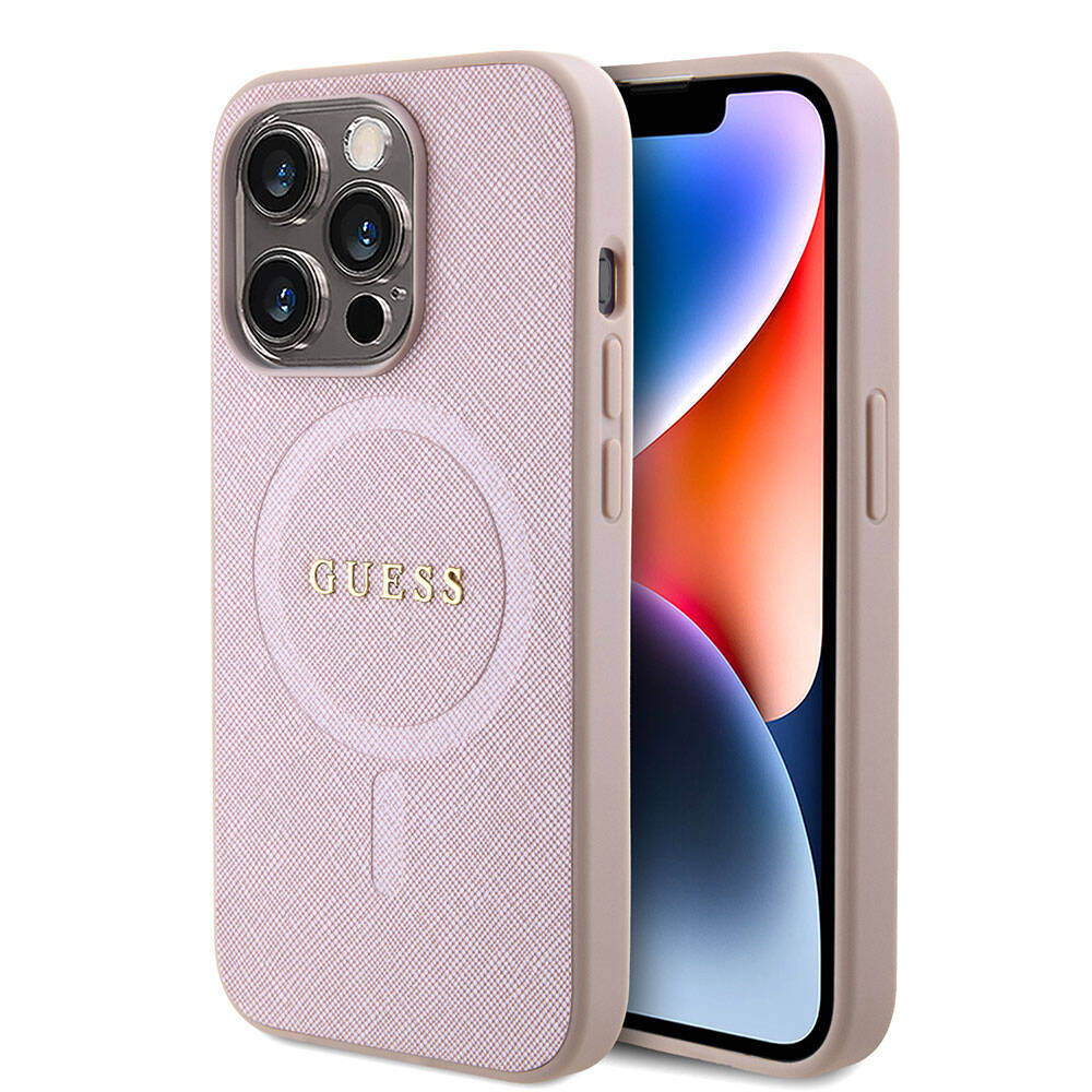 Apple iPhone 15 Case Guess Original Licensed M-safe Charging Feature Saffiano Cover Pink with Text Logo