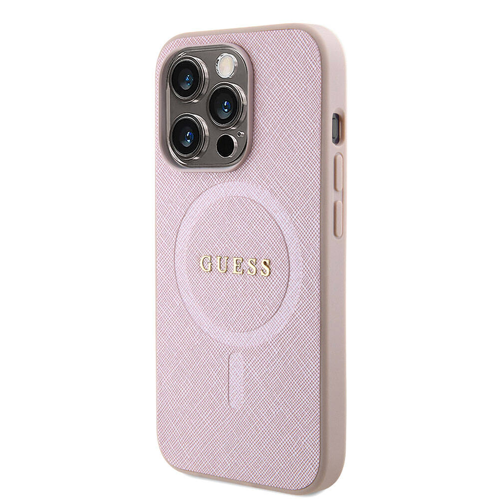 Apple iPhone 15 Case Guess Original Licensed M-safe Charging Feature Saffiano Cover Pink with Text Logo